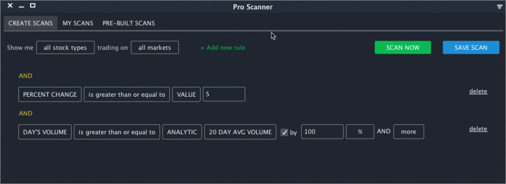 Scanz scanner interface showing stock screening results