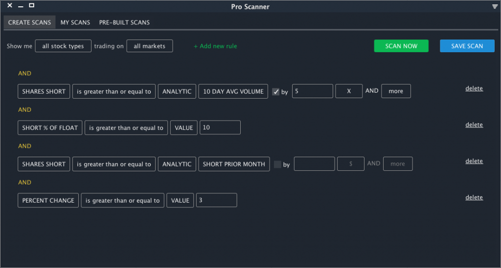 Scanz scanner interface showing stock screening results