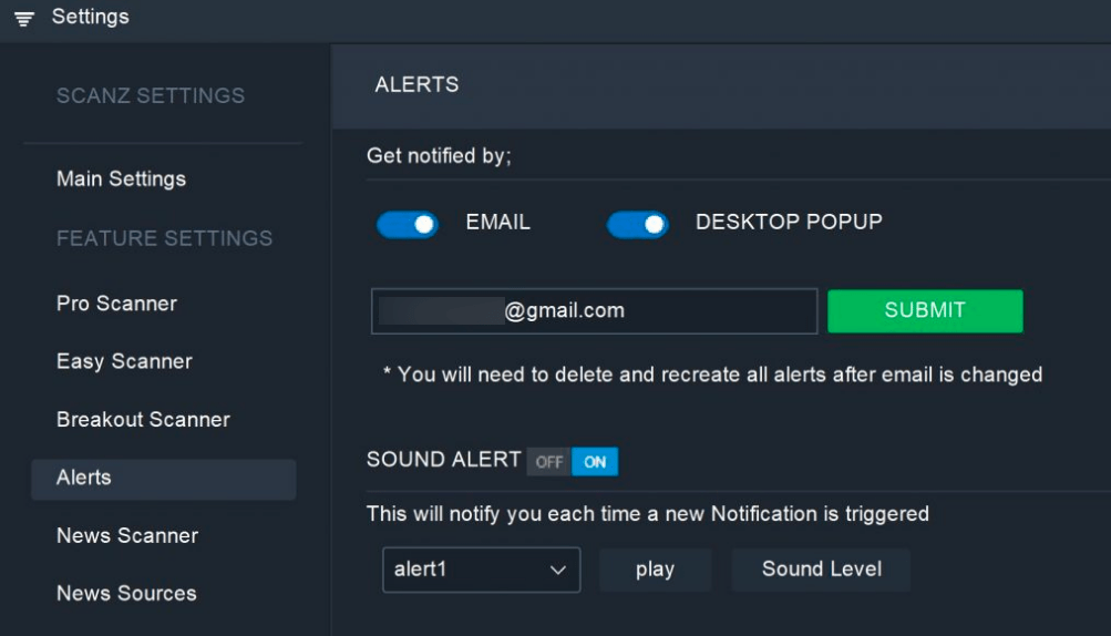 Stock scanning interface and filter settings