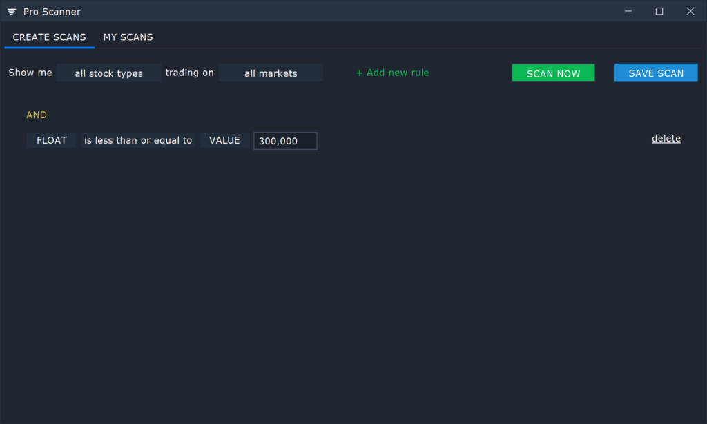 Scanz scanner interface showing stock screening results